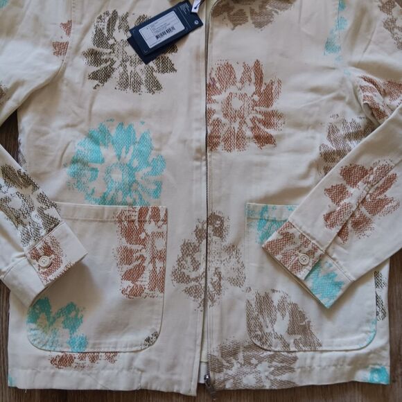 Denim Coat Jacket Women Medium Organic Cotton Zip Front Pockets Cream Floral NWT - Picture 4 of 15